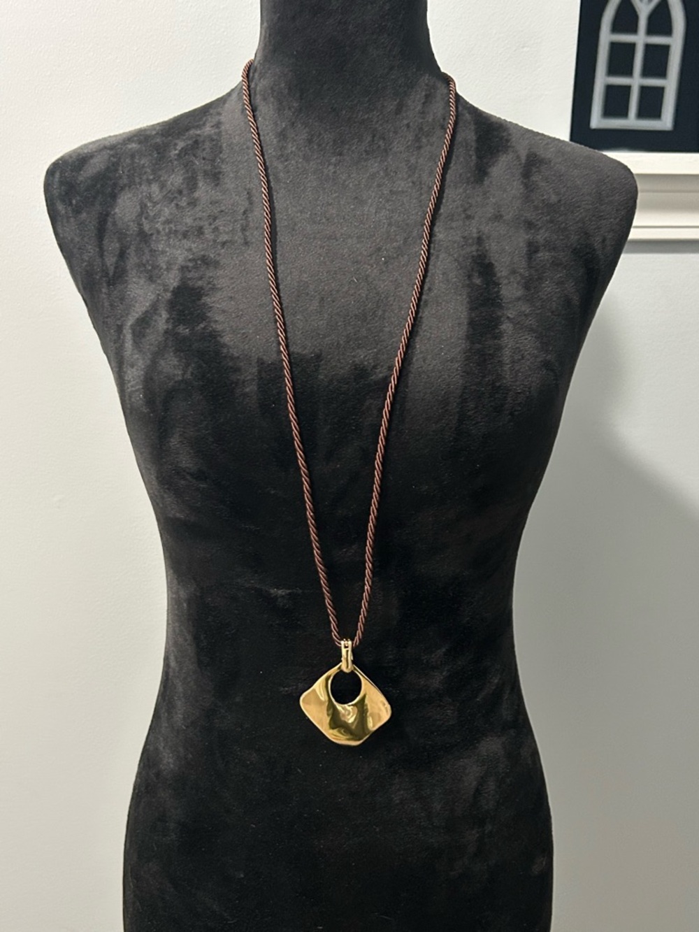 Premier Designs Long Pendant Necklace|Gold Tone Statement|Brown Cord Chain|NWOT